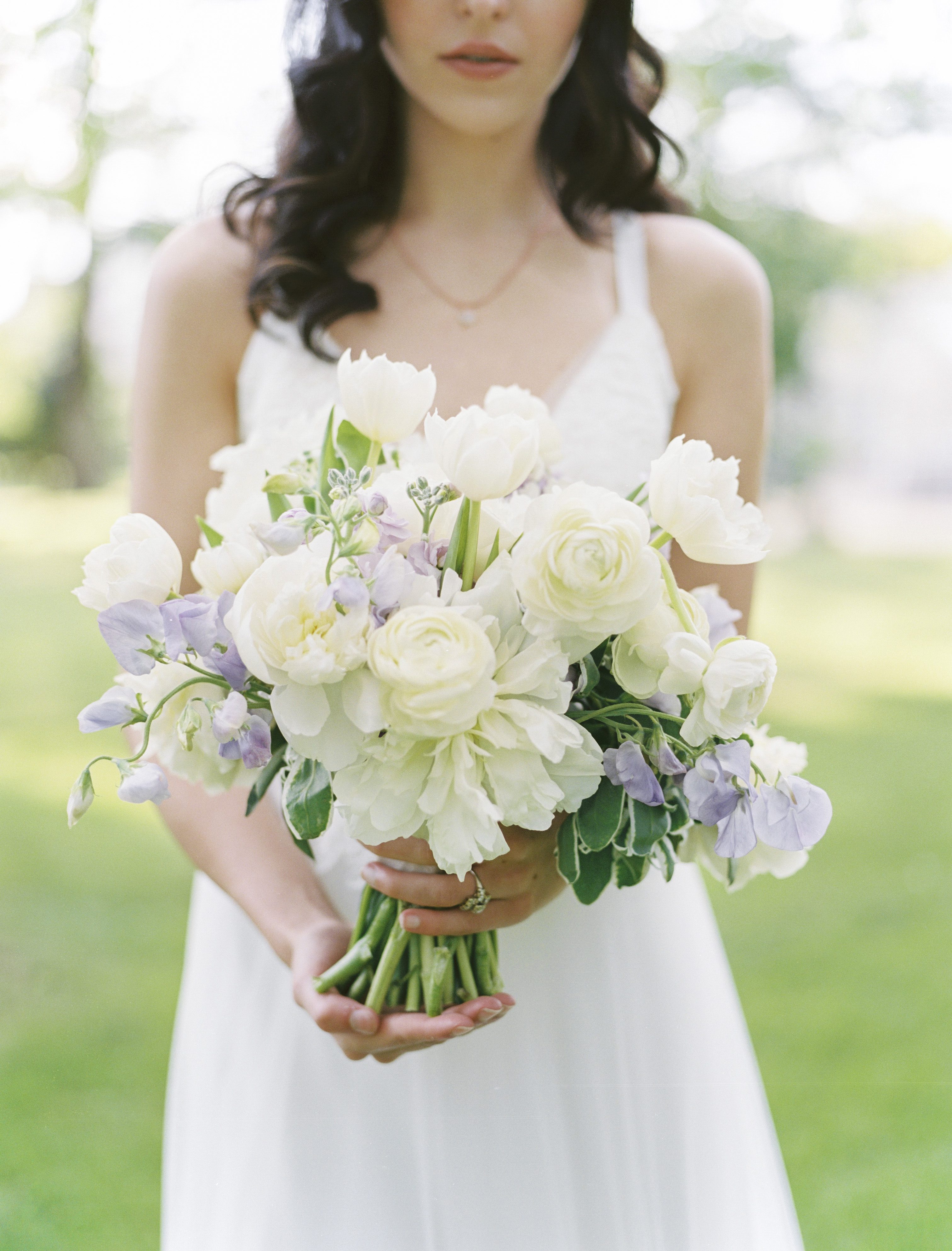 white and purple bouquet at a lavender and copper wedding