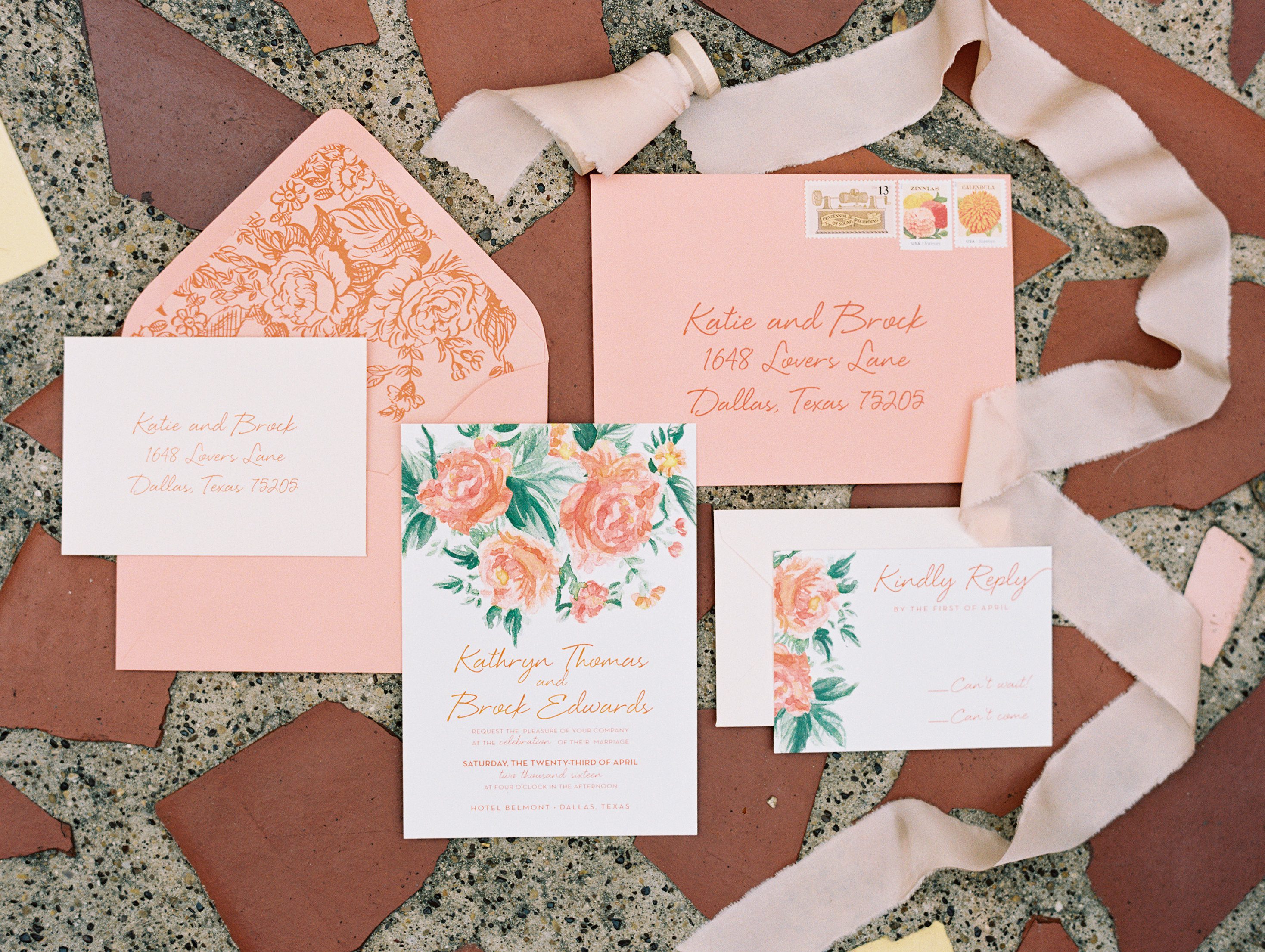 peach wedding invitations at a Belmont Hotel wedding