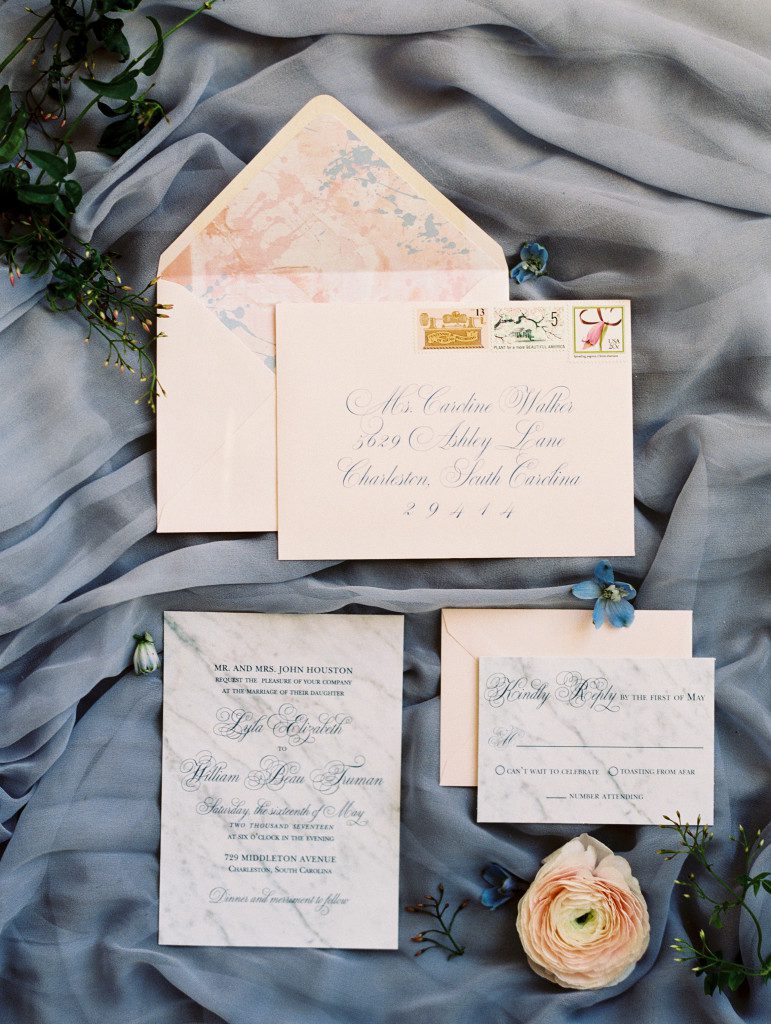 pink and blue wedding invitation for a charleston wedding
