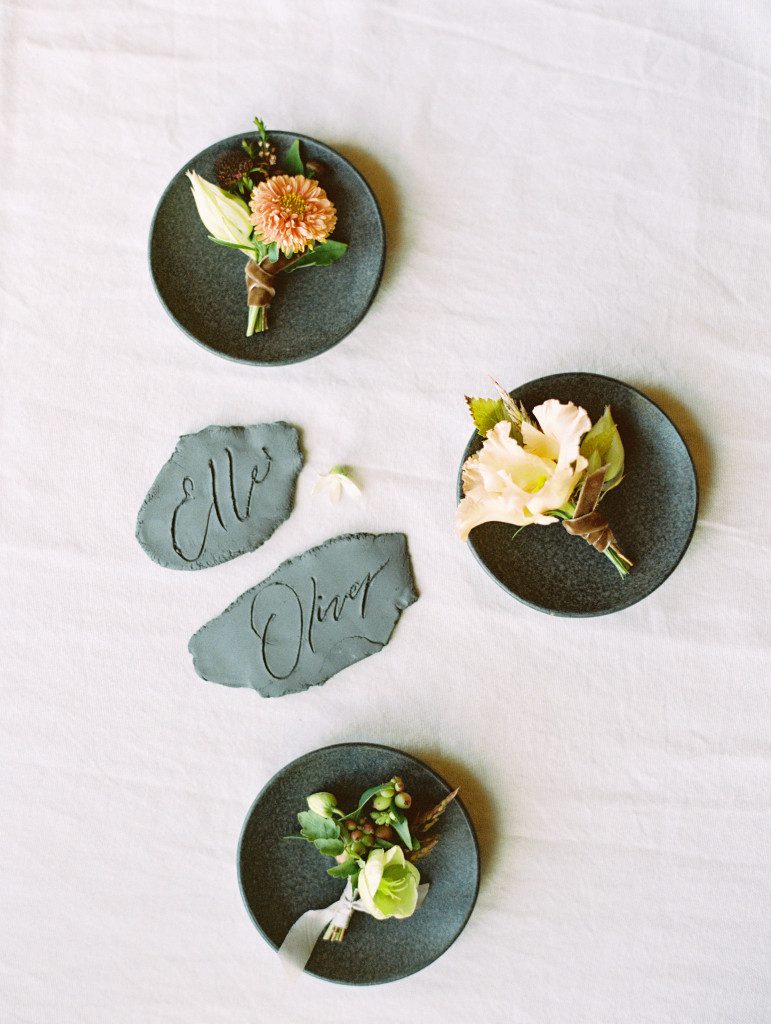 Pottery inspired wedding editorial featuring clay place cards
