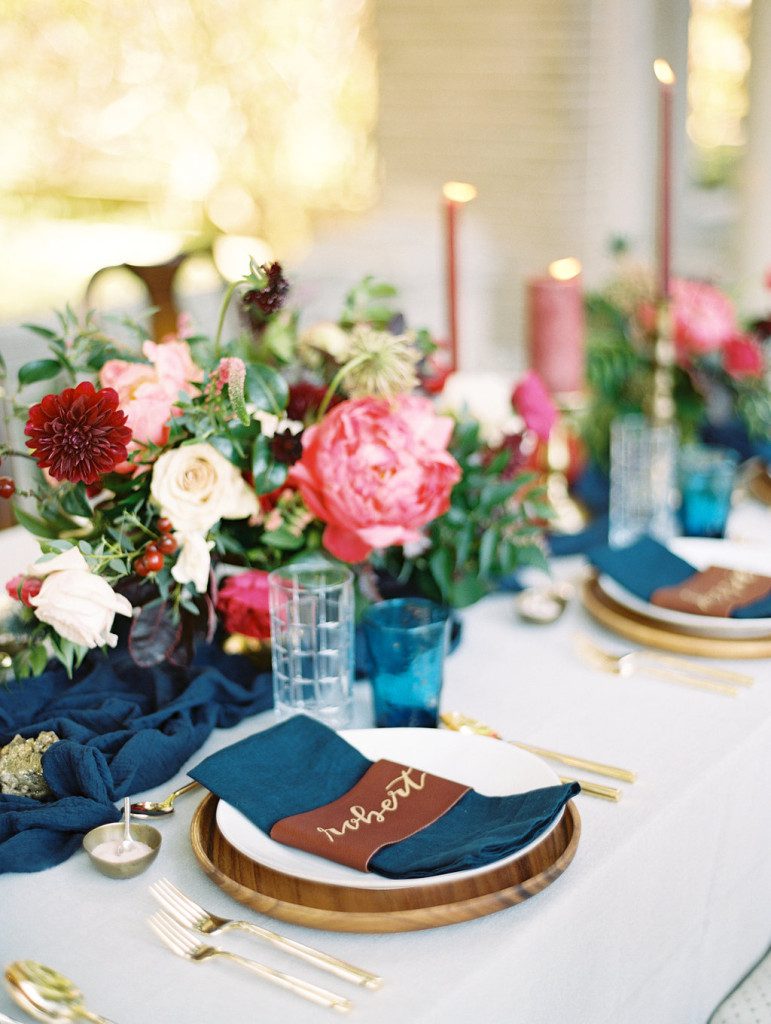 Leather place cards at a Dallas outdoor elopement