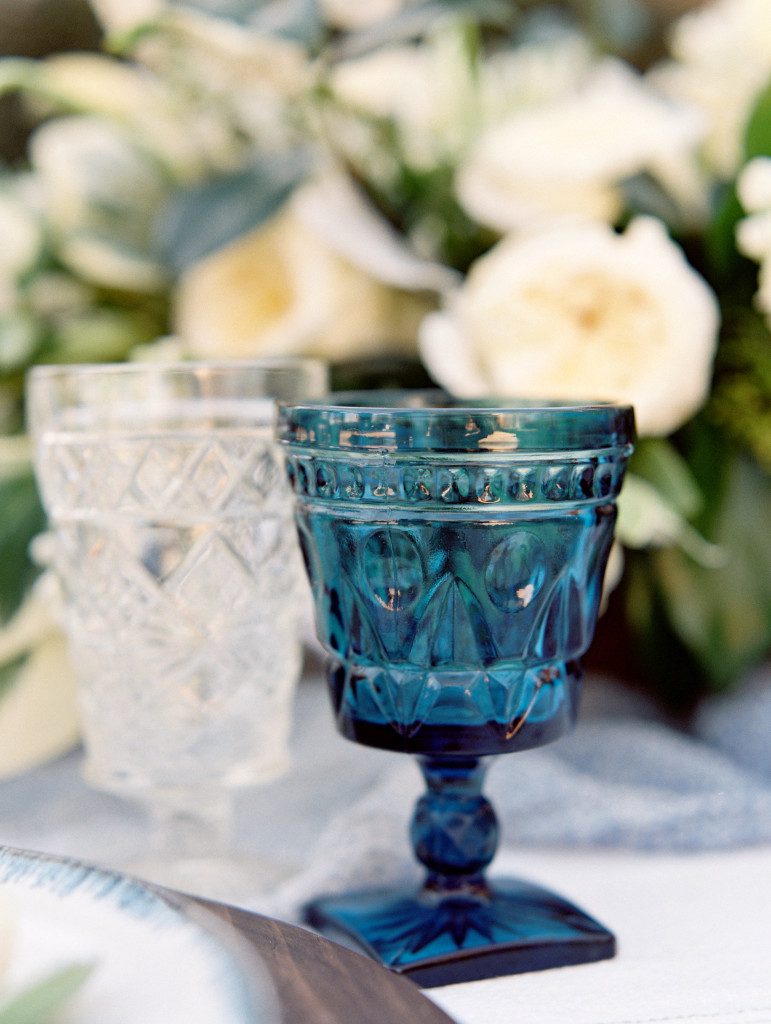 blue depression glass  at a Dallas elopement at the Aldredge House