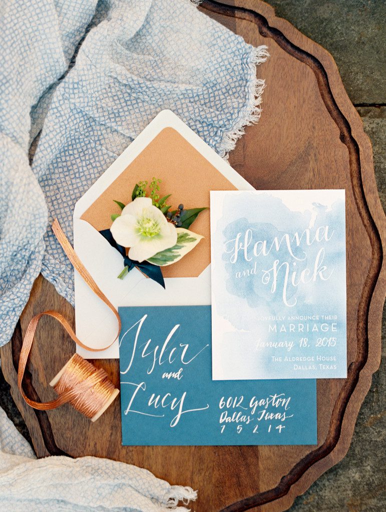 Indigo blue handmade invitations with watercolor detail  at a Dallas elopement at the Aldredge House