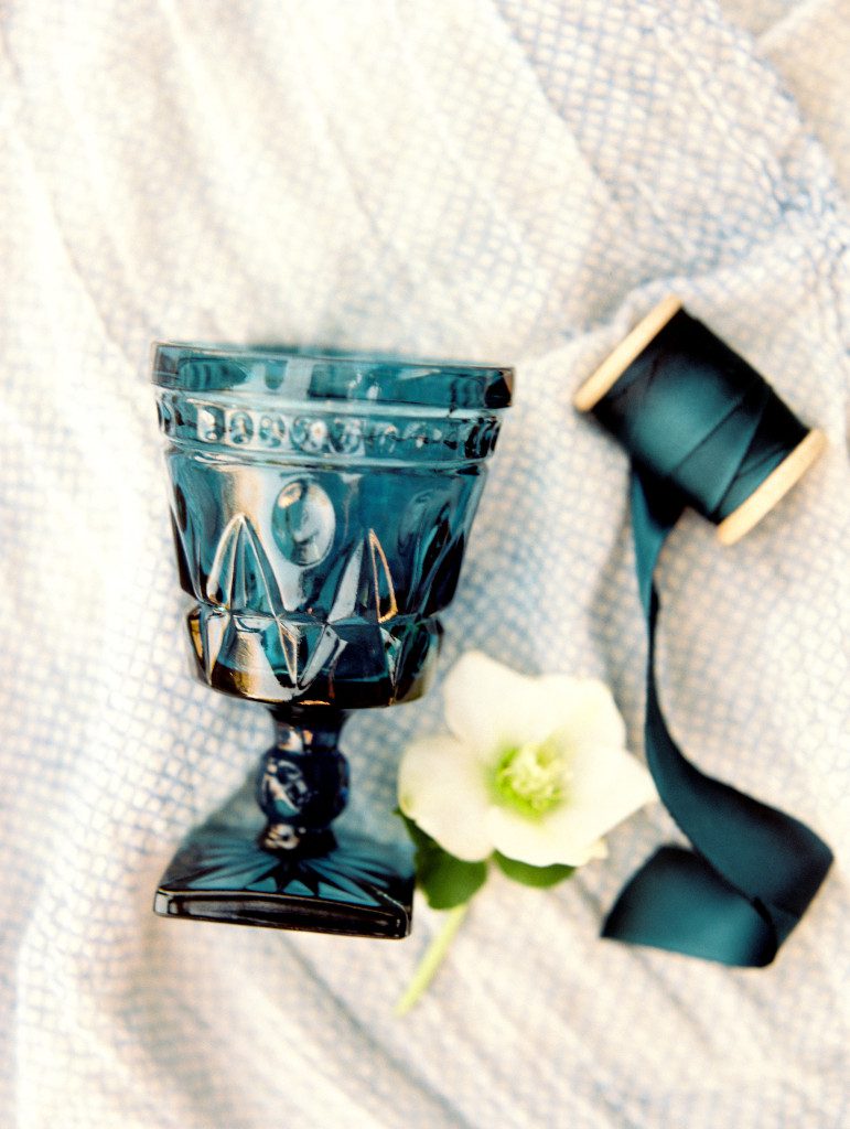 vintage depression blue glassware  at a Dallas elopement at the Aldredge House