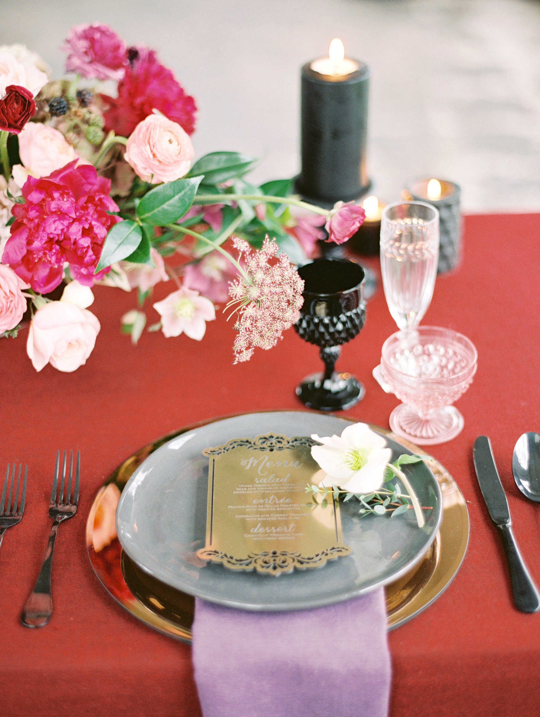 Marsala themed place setting at sweetheart table