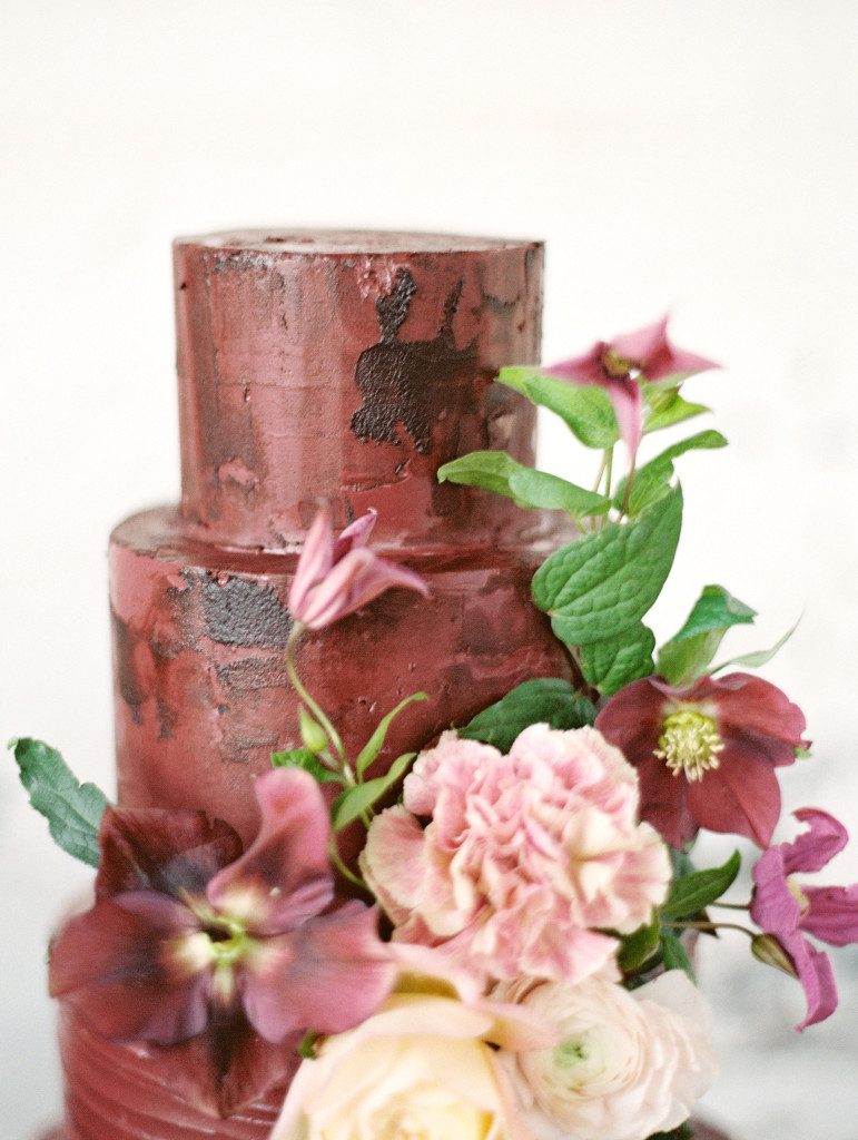 Marsala themed wedding cake with marsala colored floral Pantone color of the year 2015