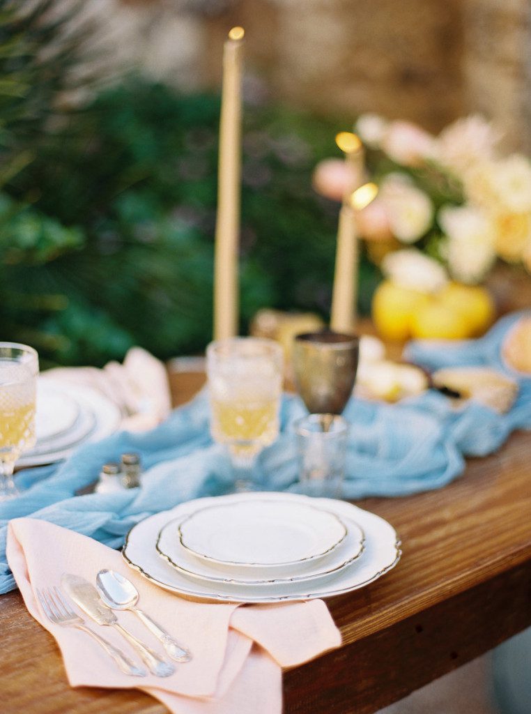 Blue, yellow and peach wedding table design at a Mission San Jose wedding in San Antonio Texas