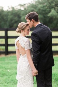 Private moment between bride and groom at ranch wedding