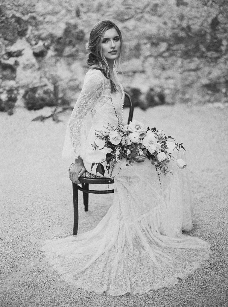 Black and white bridal shot in Heidi by Watters at a Mission San Jose wedding in San Antonio Texas