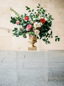 large flower arrangement on lucite box