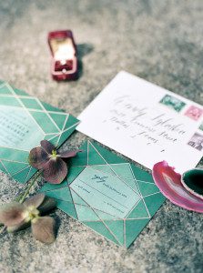 emerald wedding invitation styled with agate