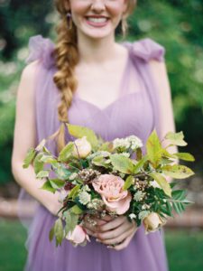 Mauve bridesmaid dress with bouquet