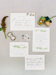 white and green wedding invitation styled with ring