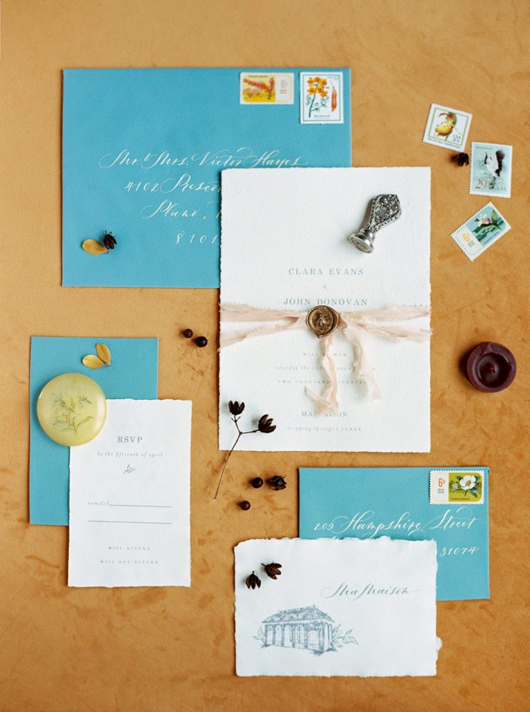 top 5 custom invitation suites from 2017. Austin wedding invitation by Letter Love Studio with mustard and sage styled by Birds of a Feather Events