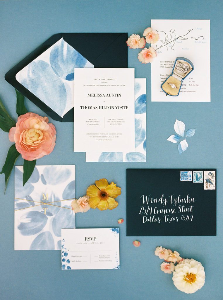top 5 custom invitation suites from 2017. White Sparrow Barn wedding invitation with blue water color styled by Birds of a Feather Events