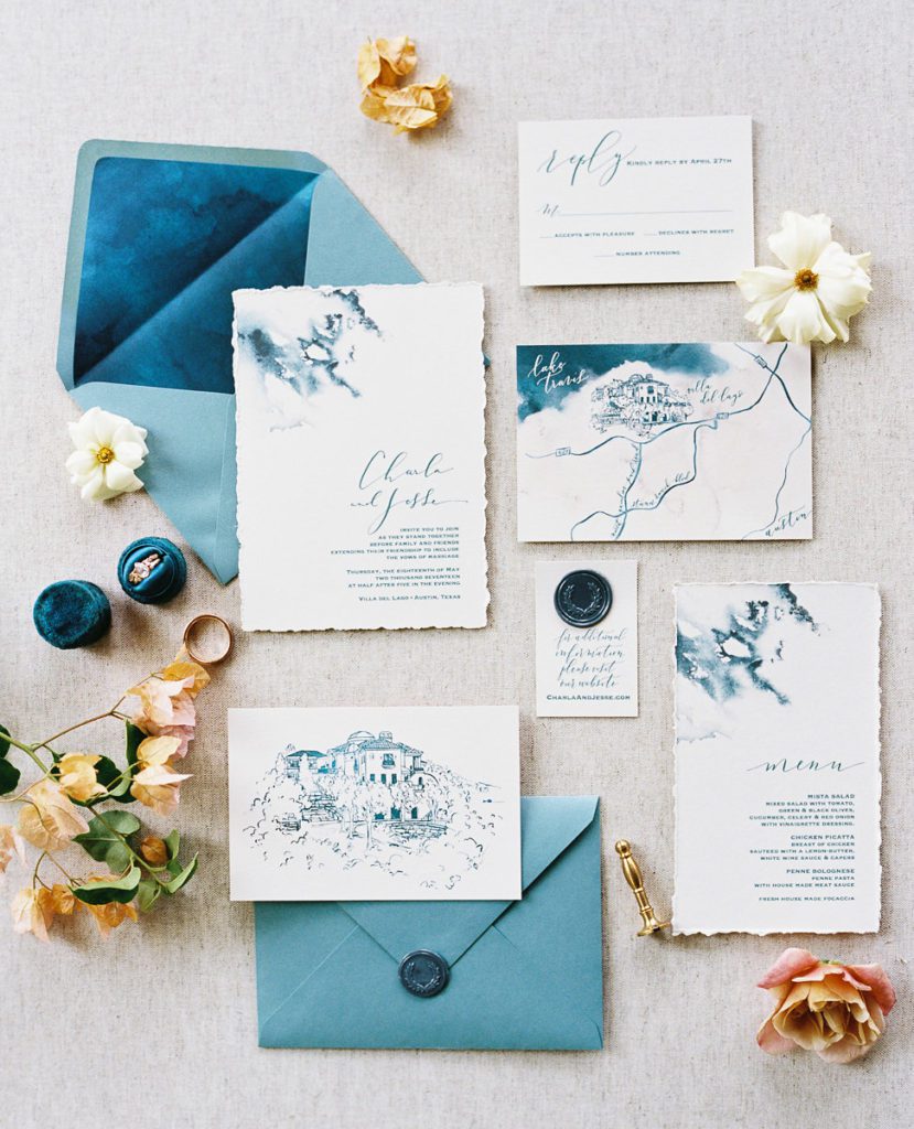 TOP 5 Custom invitation suites from 2017. Blue ink bleed invitation by Southern Fried Paper styled by Birds of a Feather Events